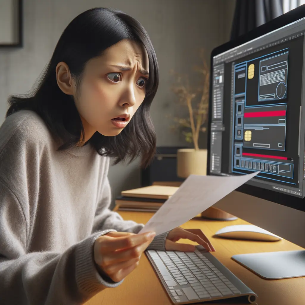 クレジットカードの請求明細を確認して困惑するCanvaユーザーの日本人女性