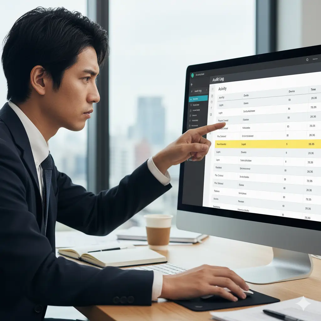 オフィスでパソコンの画面に表示されたCanvaの監査ログ（Audit Log）を指差し、不審なログイン履歴に気づいて真剣な表情をしている日本人ビジネスマン。
