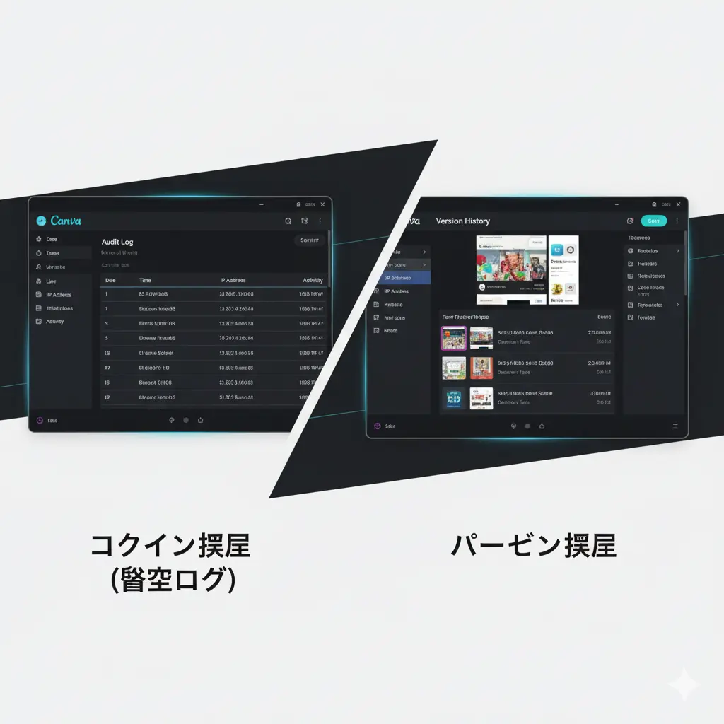 ログイン履歴（監査ログ）とバージョン履歴のCanvaの画面が比較して表示されている。それぞれの機能の違いを視覚的に表現。