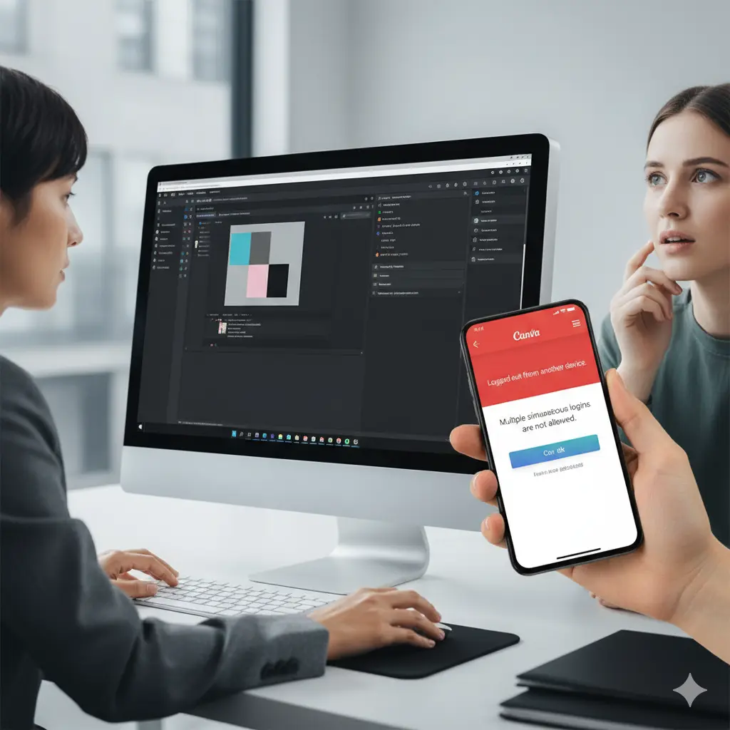 会社のPCでCanvaを操作している日本人女性と、スマートフォンに表示された「別のデバイスからログアウトしました」というメッセージを見て驚いている別の日本人女性。複数デバイスでの同時ログイン不可を表現。
