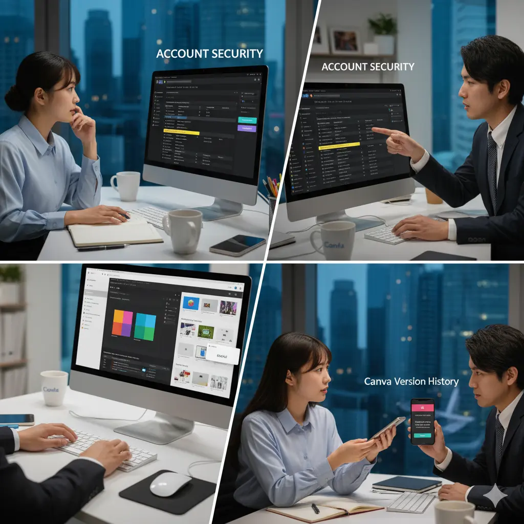 会社のPCでCanvaを操作している日本人女性と、スマートフォンに表示された「別のデバイスからログアウトしました」というメッセージを見て驚いている別の日本人女性。複数デバイスでの同時ログイン不可を表現。