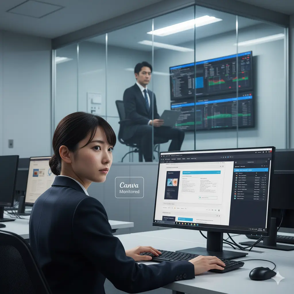 オフィスでCanvaを使用している日本人女性が、背後にいる監視担当の日本人男性を警戒して振り返っている。会社のPC利用が監視されている状況を表現。