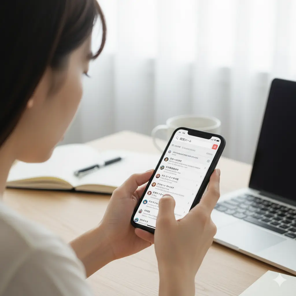 スマートフォンでメールの迷惑メールフォルダを確認している日本人女性の手元をクローズアップ。指先が画面をスクロールしており、メール検索のアイコンが見える。