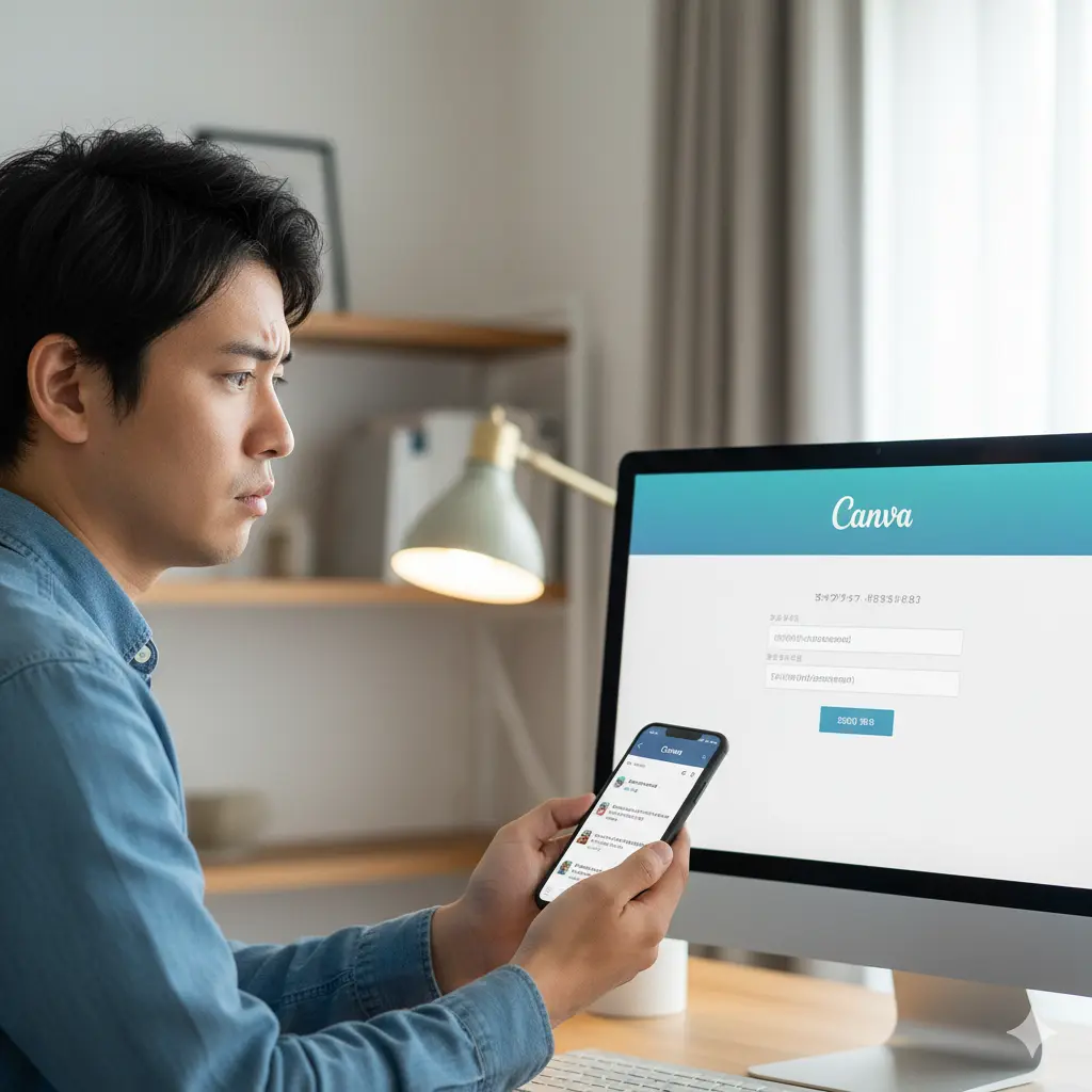 Canvaのログイン画面でメールアドレスの入力欄にカーソルがあり、隣で困った表情の日本人男性がスマートフォンを操作してメールアドレスを確認している。