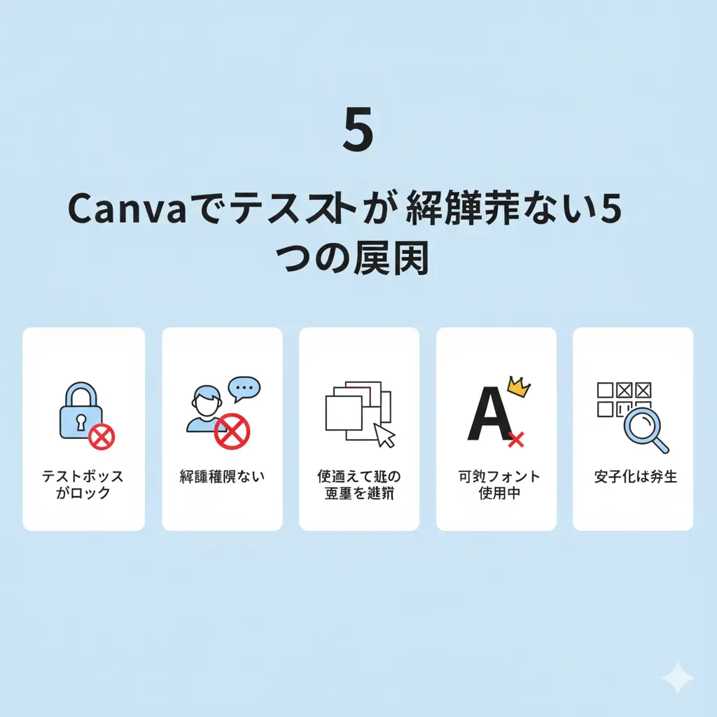 Canvaでテキストが編集できない5つの原因を視覚的に表現したインフォグラフィック。ロックされたテキストボックス、編集権限なし、間違った要素の選択、有料フォントの使用、文字化けのアイコンがそれぞれ表示されている。