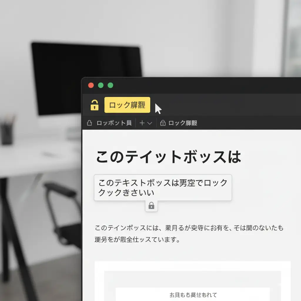 Canvaの編集画面のクローズアップ。ロックされたテキストボックスと、上部に表示されたツールバーの「ロック解除」ボタンにマウスカーソルが合わされている様子。背景にはぼかされたオフィス環境が写っている。