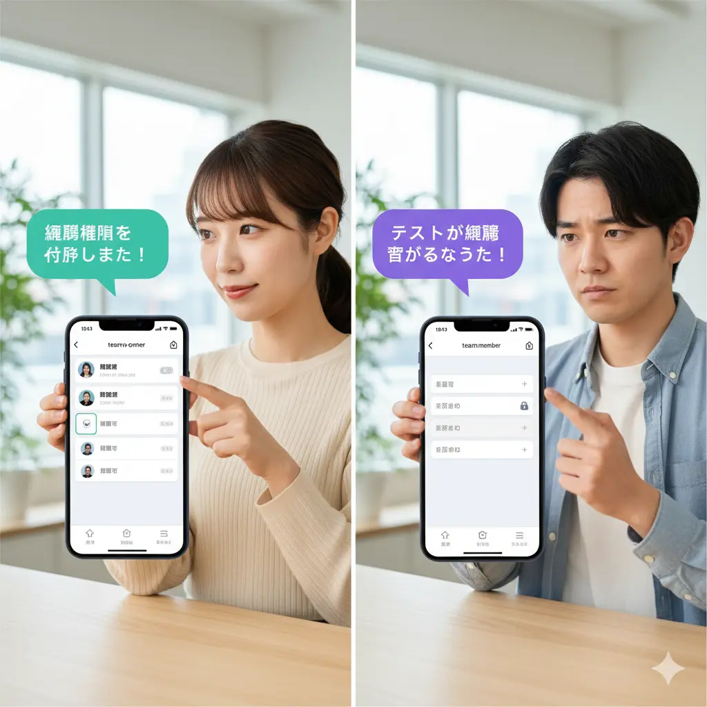 左右に分割された画面。左側ではアジア人女性がスマートフォンでCanvaの共有設定画面を開き、編集権限を付与する操作をしている。「編集権限を付与しました!」という吹き出し。右側では、権限が付与されておらずテキストが編集できないことに困惑しているアジア人男性が、自身のスマホ画面を見つめている。「テキストが編集できるようになった!」という吹き出し。