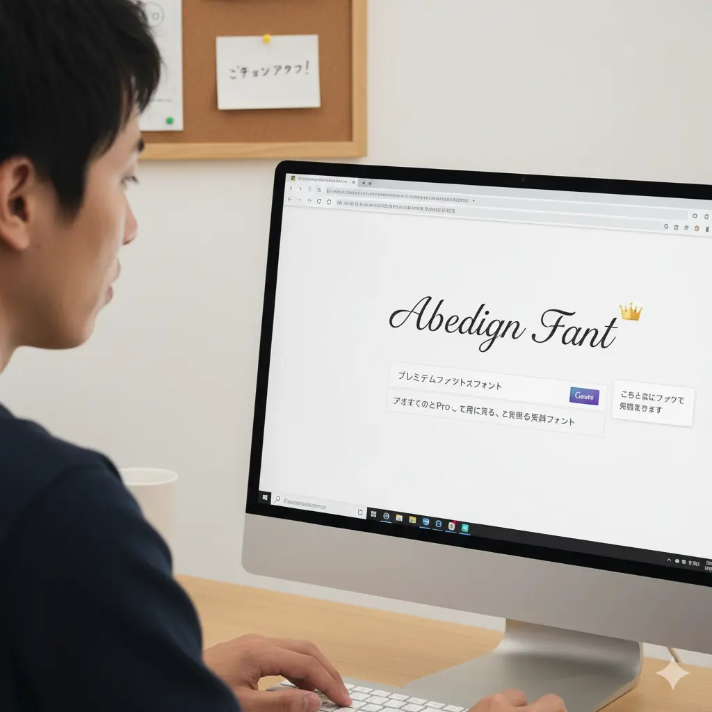 アジア人男性がデスクトップPCでCanvaを使用中。画面には「プレミアムフォント」と表示され、王冠アイコンが付いたフォントが選択されており、無料版では編集できないことを示唆している。