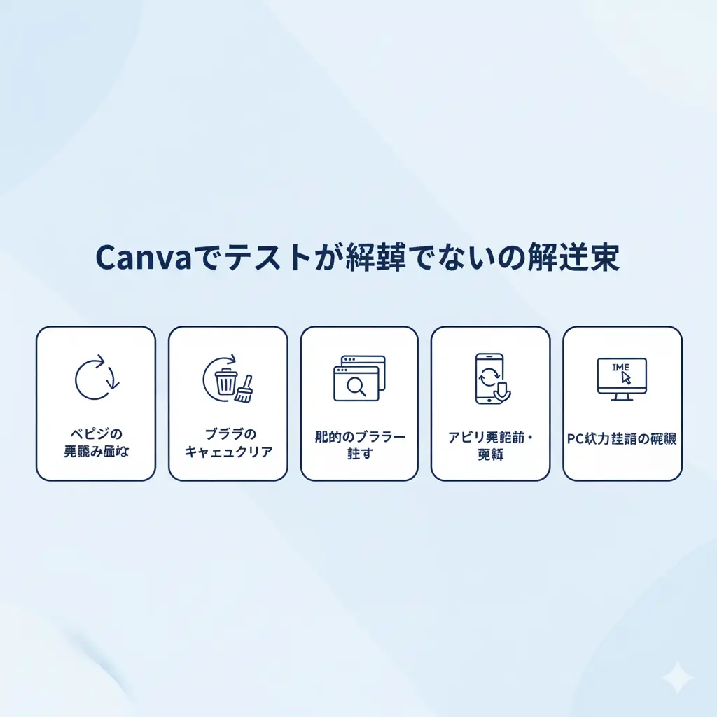 Canvaでテキストが編集できない時の解決策を視覚的に示したインフォグラフィック。「ページの再読み込み」、「ブラウザのキャッシュクリア」、「別のブラウザを試す」、「アプリの再起動・更新」、「PC入力設定の確認」のアイコンとテキストがそれぞれ表示されている。