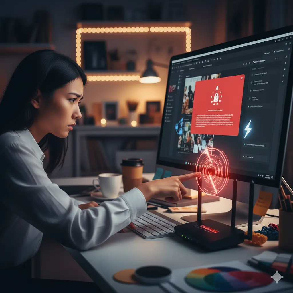 Canvaでデザイン中にインターネット接続の問題に直面し、Wi-FiルーターとPC画面の警告表示(ロックアイコンと切断マーク)を見つめる日本人女性。通信不良を意味する赤い電波の波紋が描かれている。