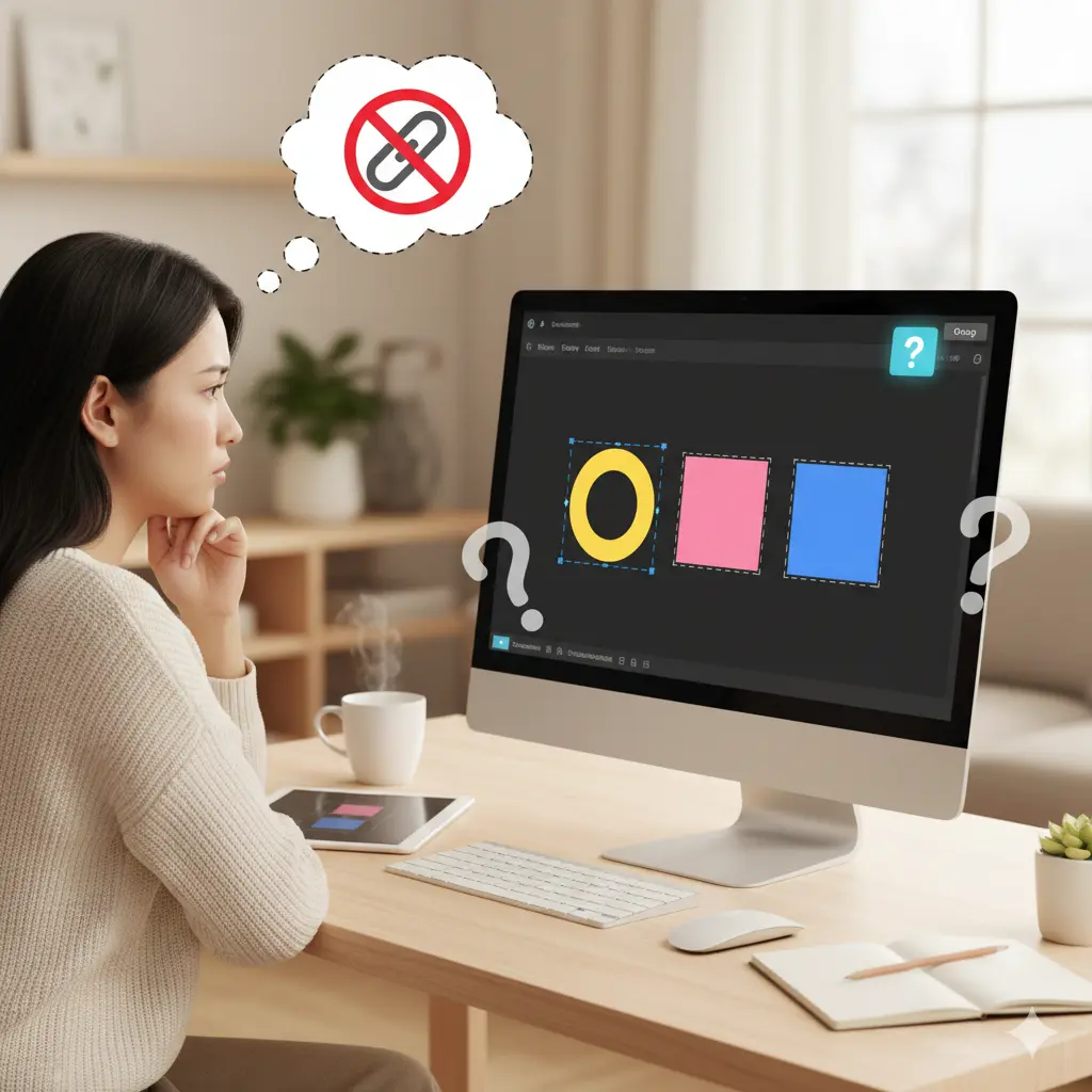 Canvaでデザイン中のPC画面に複数の要素が表示されているが、一つだけしか選択されておらず、グループ化ができない原因について考えている日本人女性。