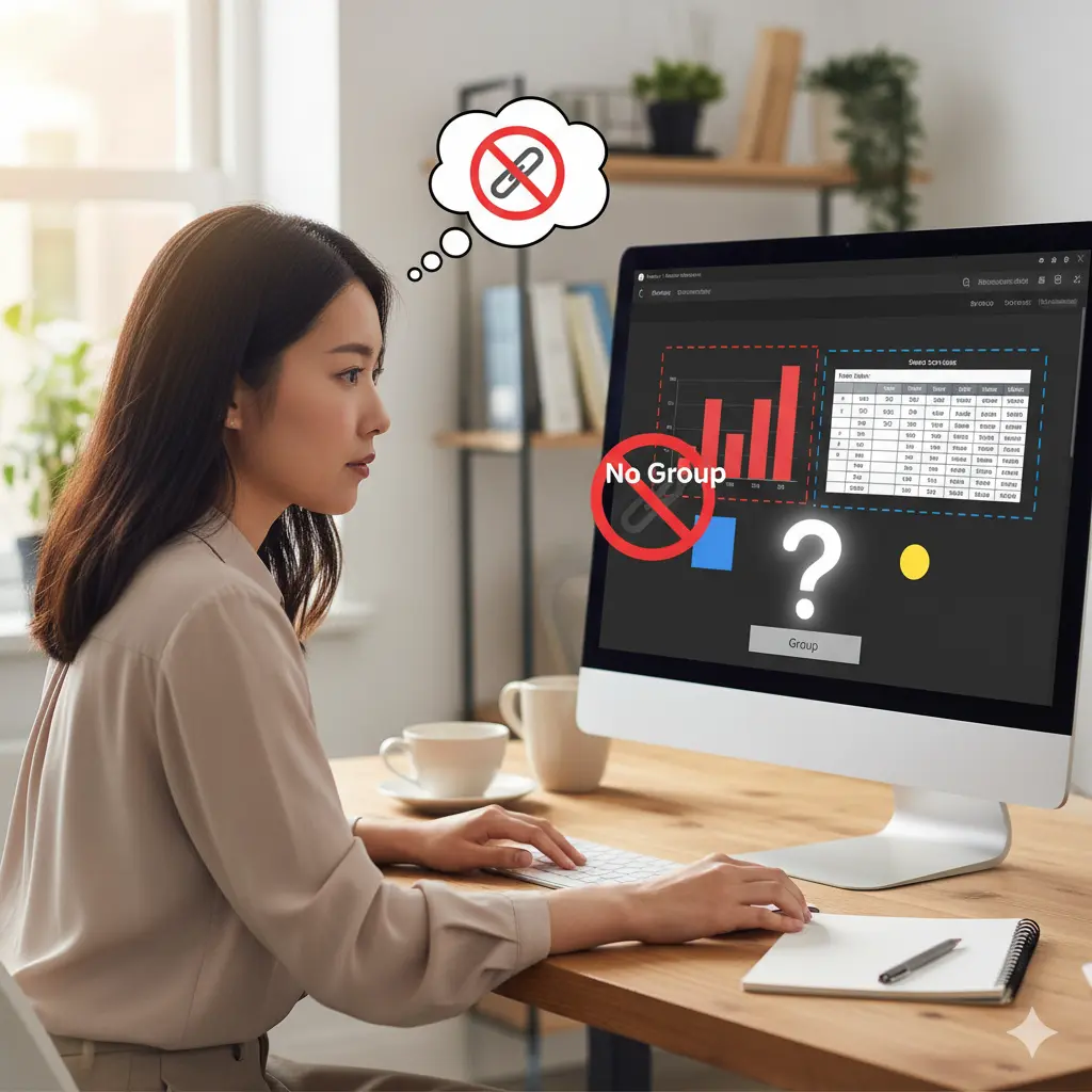 Canvaでデザイン中のPC画面にグラフや表が表示されており、これらがグループ化できない原因であることに気づき困っている様子の日本人女性。