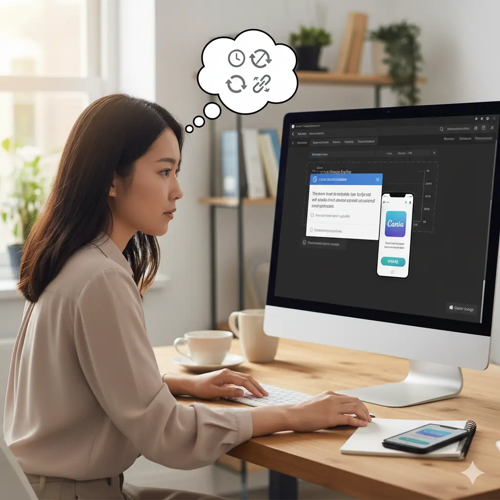 Canvaアプリやブラウザのバージョンが古いことが原因でグループ化できない問題に気づき、アップデートを検討している日本人女性。PC画面にはCanvaアプリのアップデート通知が表示されている。