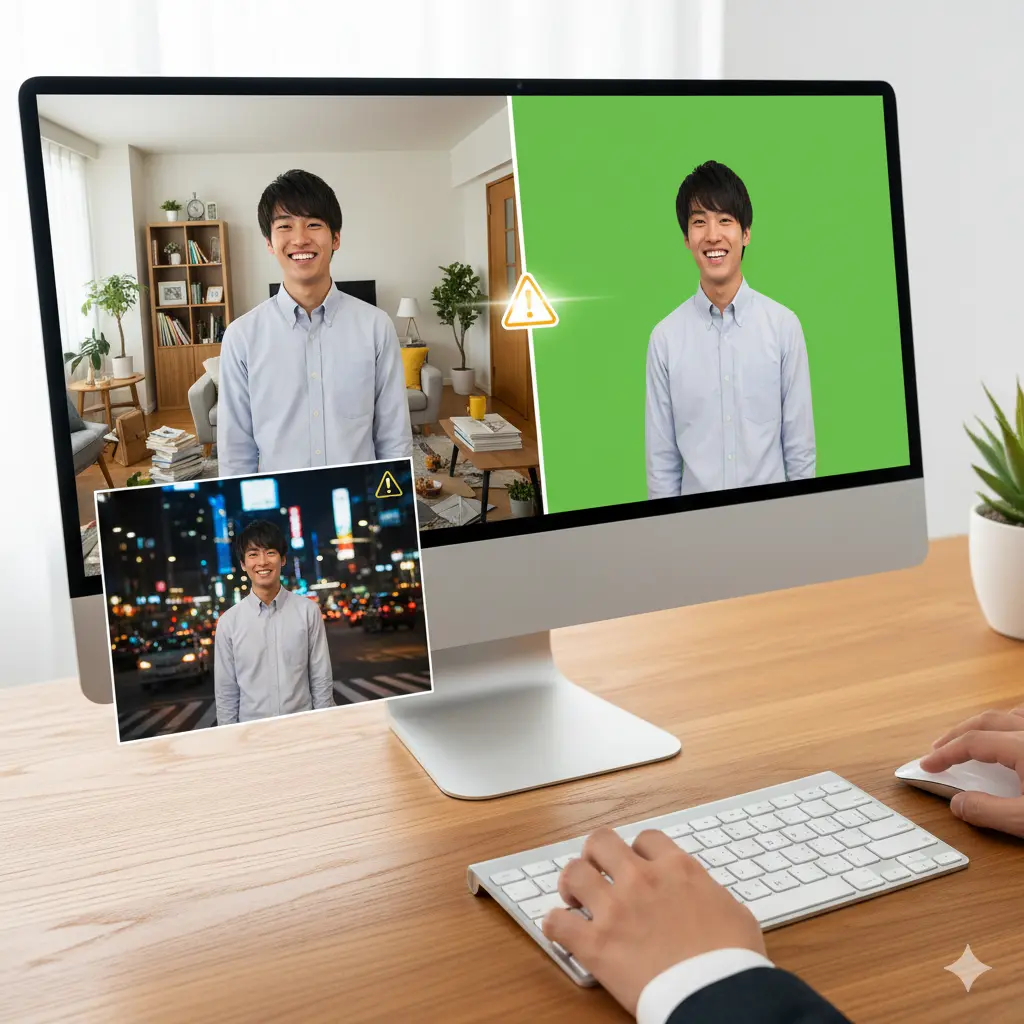 パソコン画面に、グリーンバックで撮影された人物動画がCanvaで背景透過され、きれいに切り抜かれている様子。その横に、複雑な背景の動画は透過が難しいことを示す警告アイコンが表示されている。