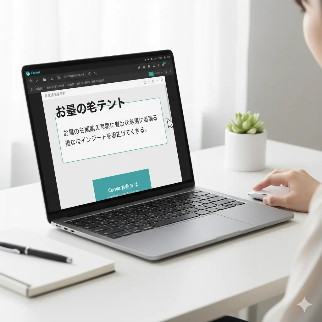 ノートパソコンでCanvaのテキストボックスのサイズ調整をしている様子。