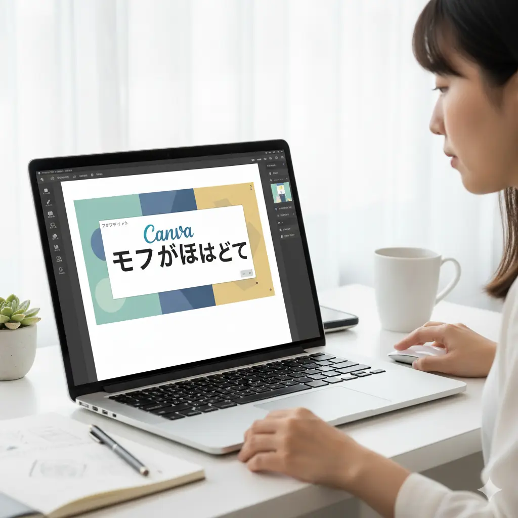 ノートパソコンでCanvaのフォントサイズを調整し、文字をテキストボックス内に収めている様子。