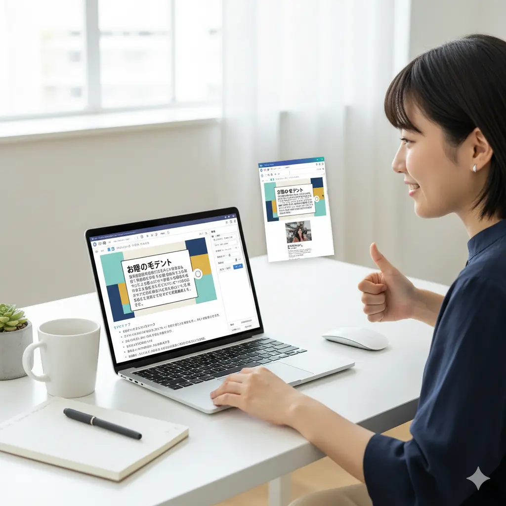 不要な改行を削除してCanvaのデザインをきれいに整え、満足している日本人女性。