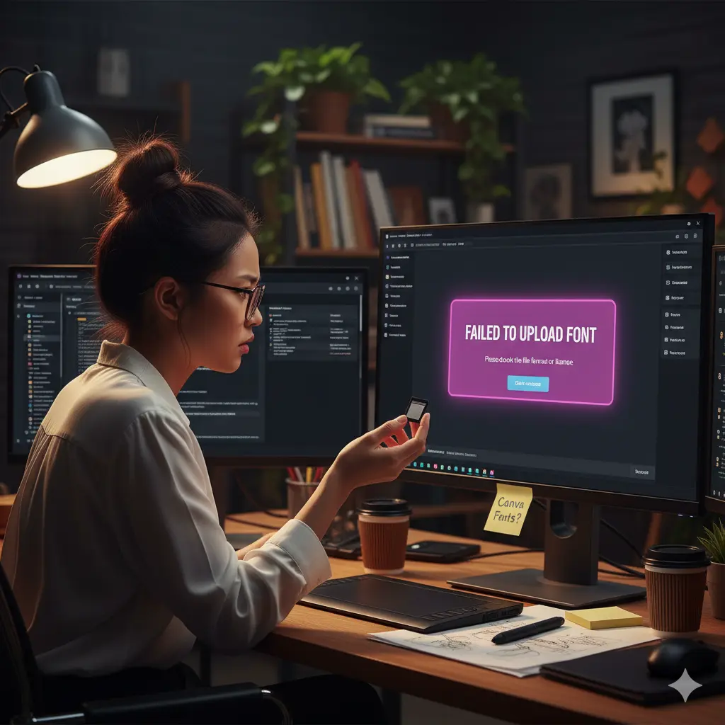 自宅のデスクで複数のモニターを使いCanvaを操作している日本人女性が、フォントアップロードのエラー表示を見て困惑している様子。