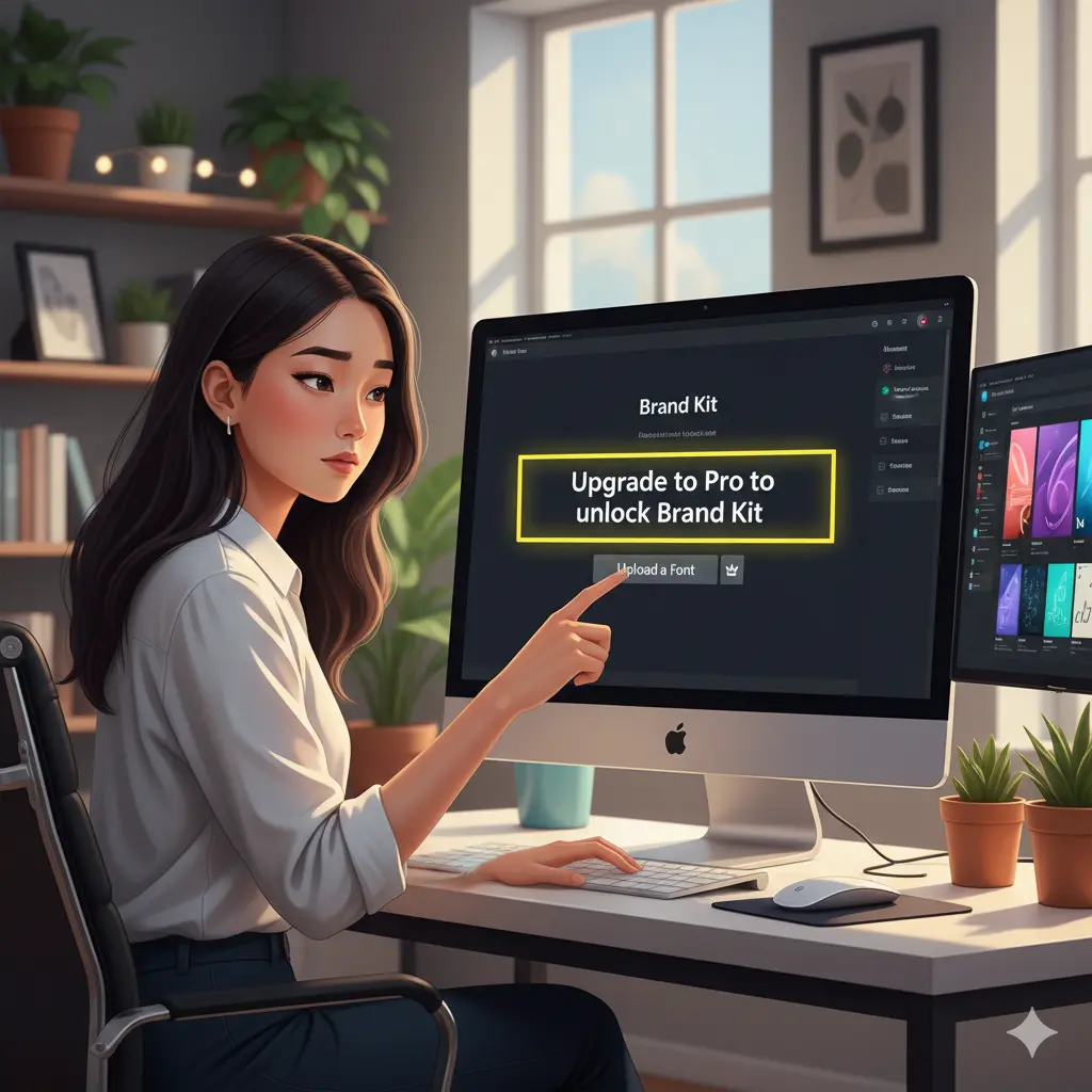 自宅のオフィスでCanvaのブランドキット機能を使おうとして、Proプランへのアップグレードを促すメッセージが表示され、少し残念そうな表情をしている日本人女性。