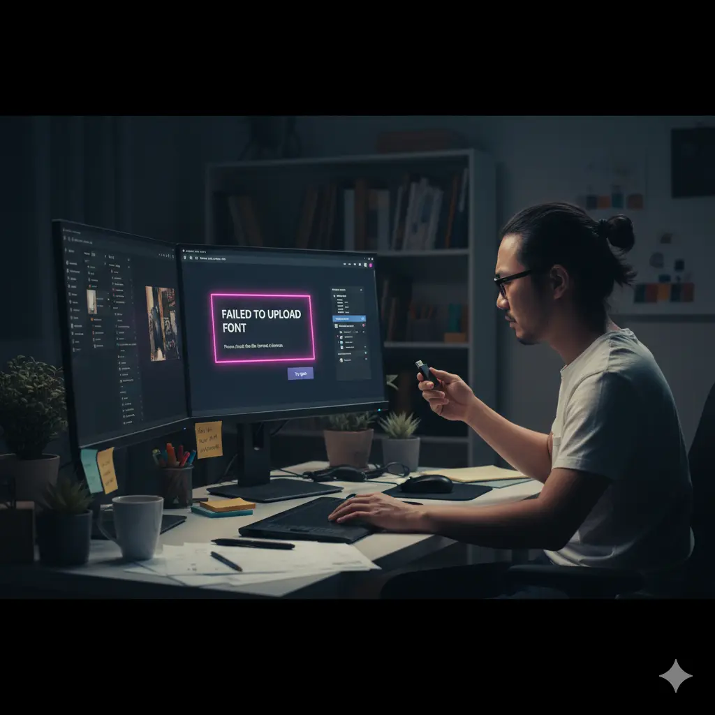 夜の自宅でCanvaを使ってデザイン作業をする日本人男性。フォントのアップロードに失敗し、フォントファイルらしきUSBメモリを手に、解決策を考えている。