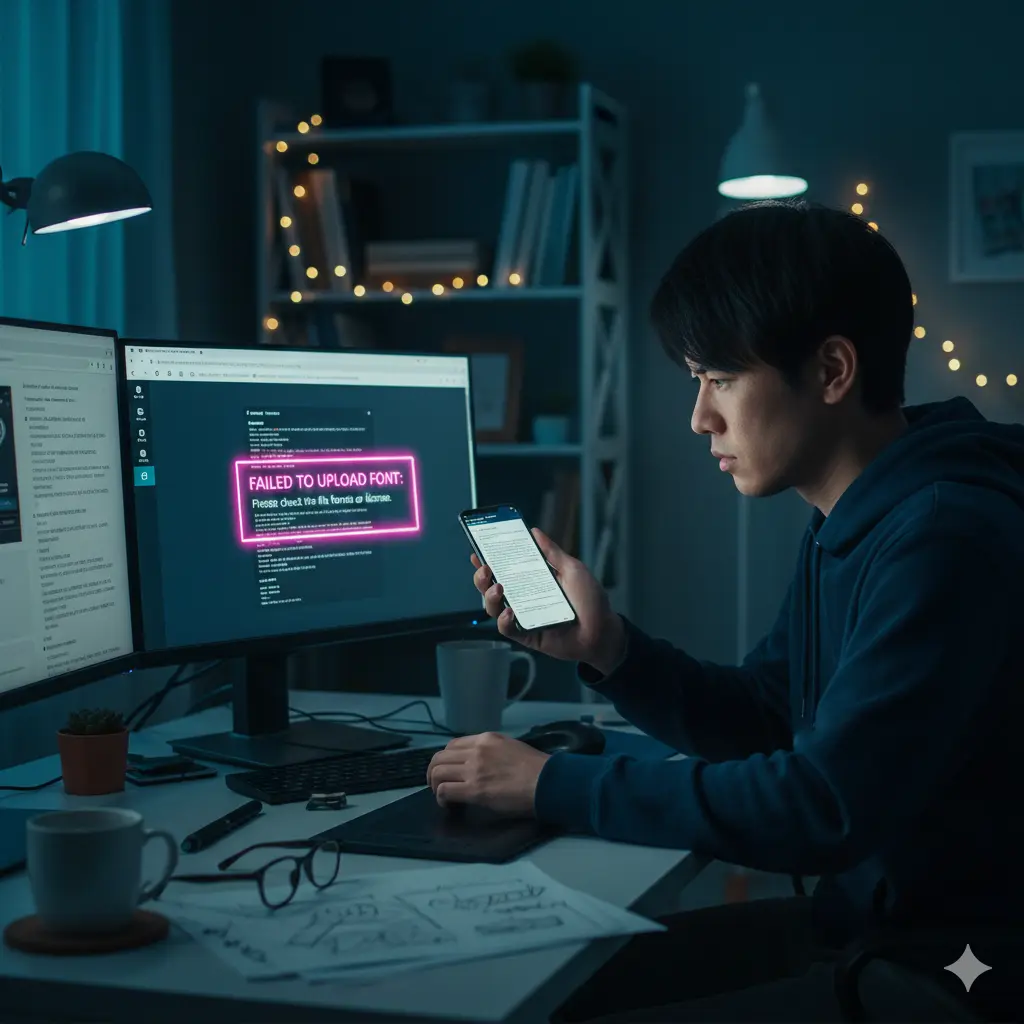 夜の自宅でパソコンとスマートフォンを使い、Canvaでのフォントアップロード失敗の原因がライセンスにあるのではないかと調べている日本人男性。