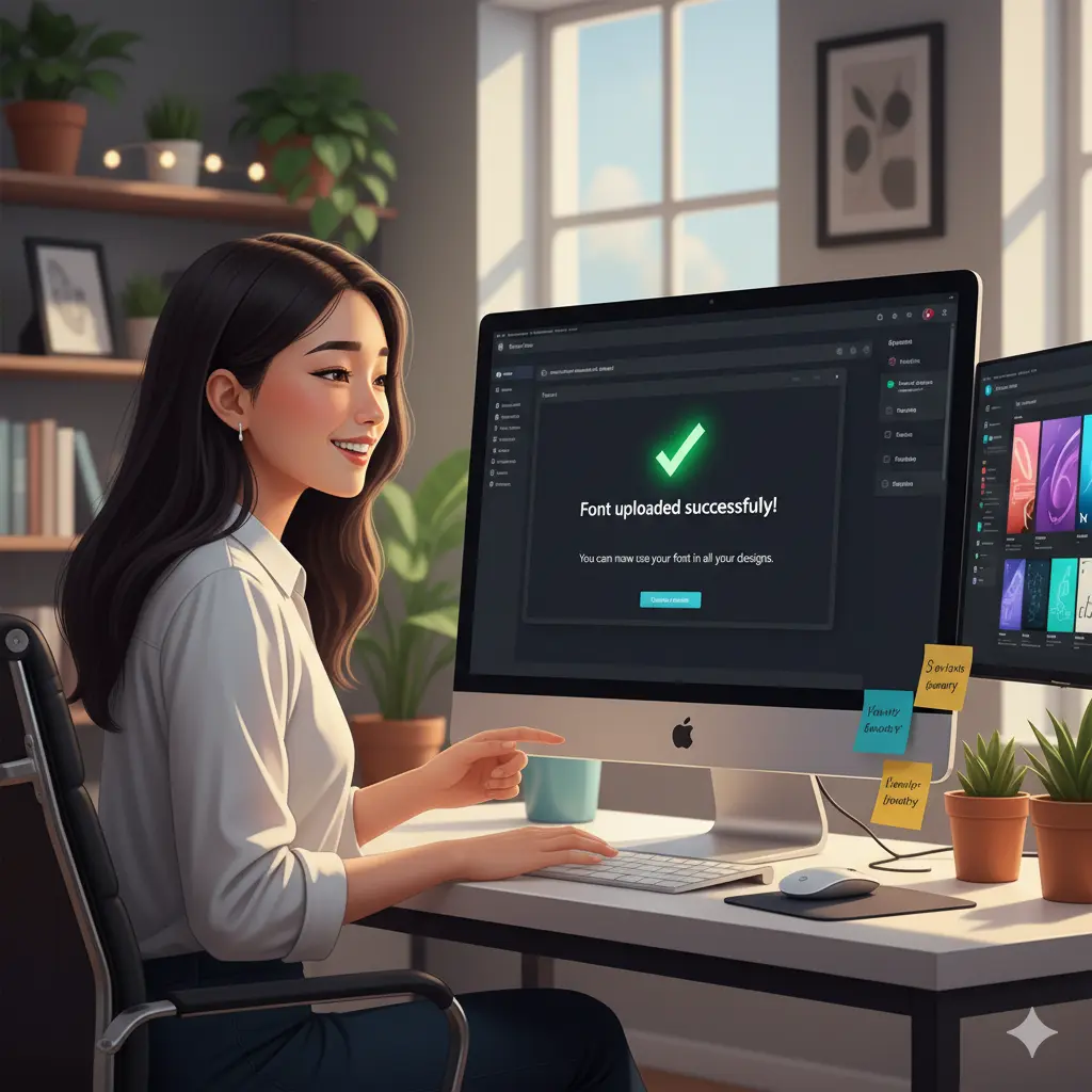 自宅のオフィスでCanvaのフォントアップロードが成功し、満足げな笑顔を見せる日本人女性。解決策を見つけ、デザイン作業が再開できる喜びが伝わる。