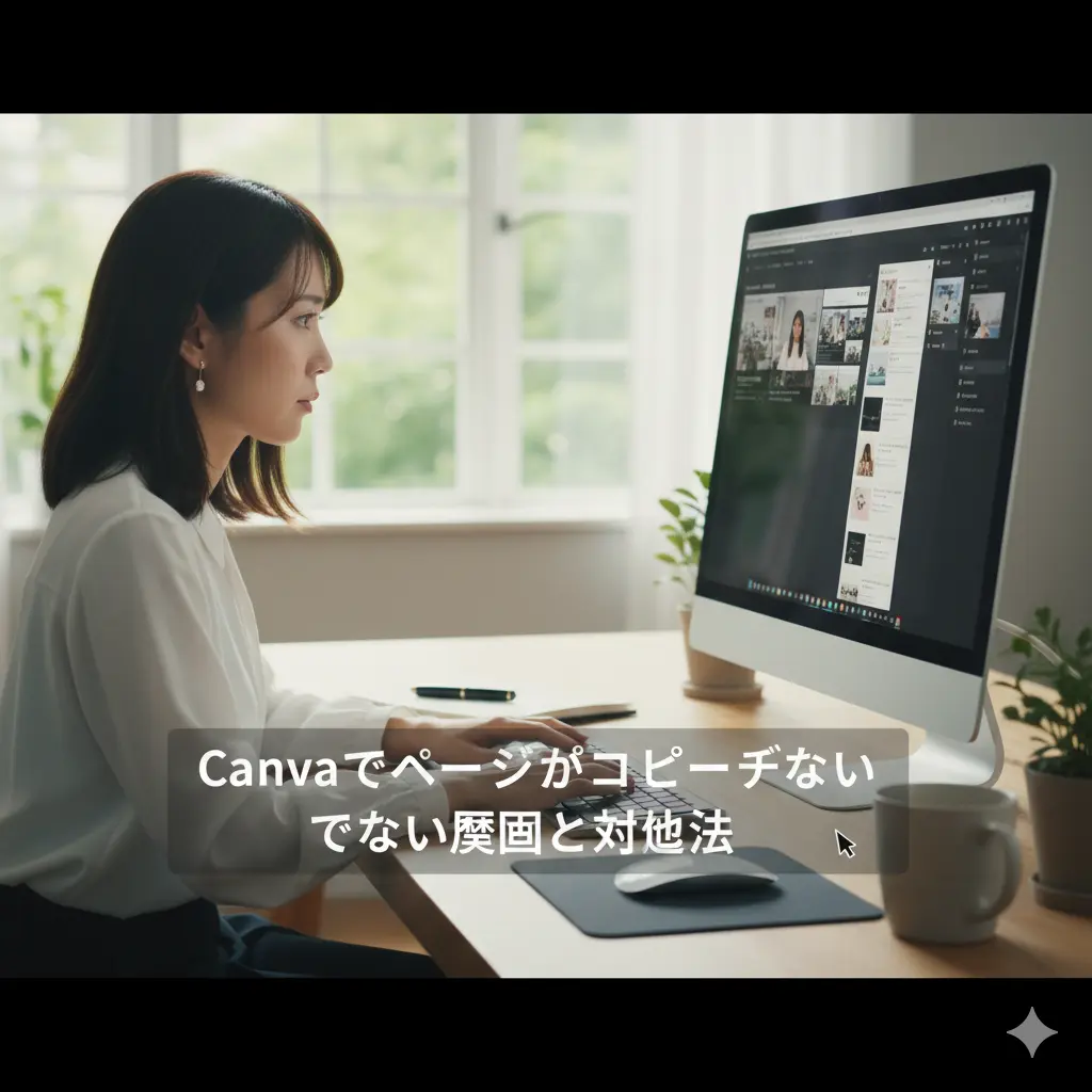 自宅のデスクでパソコンのCanva画面を見ながら作業する日本人女性。Canvaのスクロールビューでページ編集ができないことに困惑している様子。