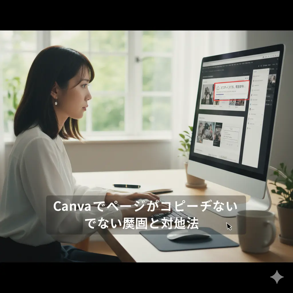自宅のデスクでパソコンのCanva画面を見ながら作業する日本人女性。Canvaの画面上部に「すべての変更が保存されました」というメッセージが表示されず、保存エラーの状態になっている。