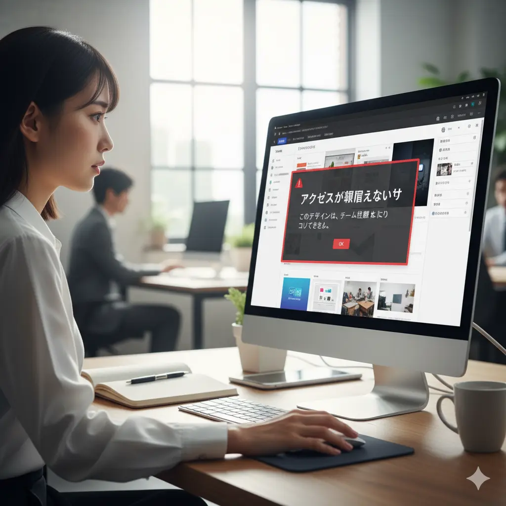 オフィスでパソコンのCanva画面を見ながら作業する日本人女性。Canvaの画面に「アクセスが制限されています」というエラーメッセージが表示され、困っている様子。