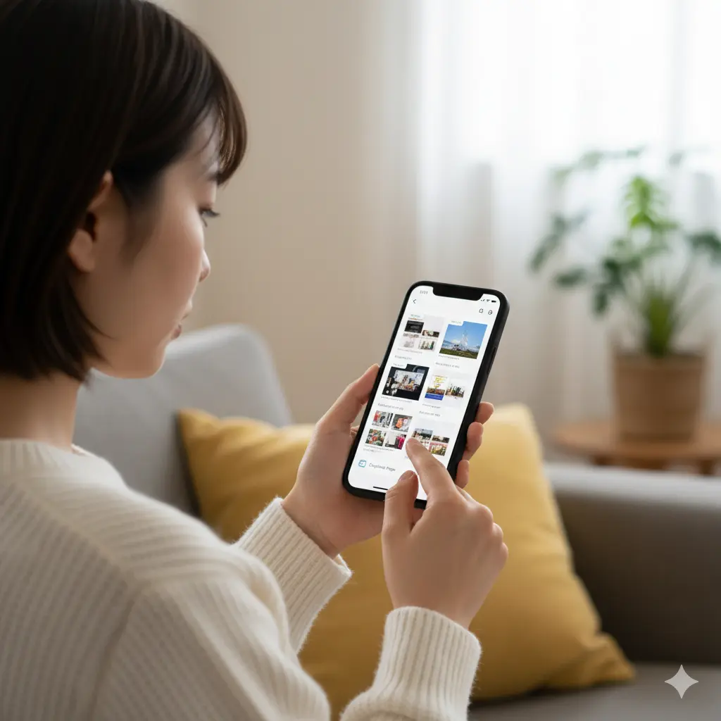 自宅のソファでスマートフォンを操作する日本人女性。Canvaアプリのページサムネイル一覧から、ページを長押ししてコピー操作を行おうとしている。