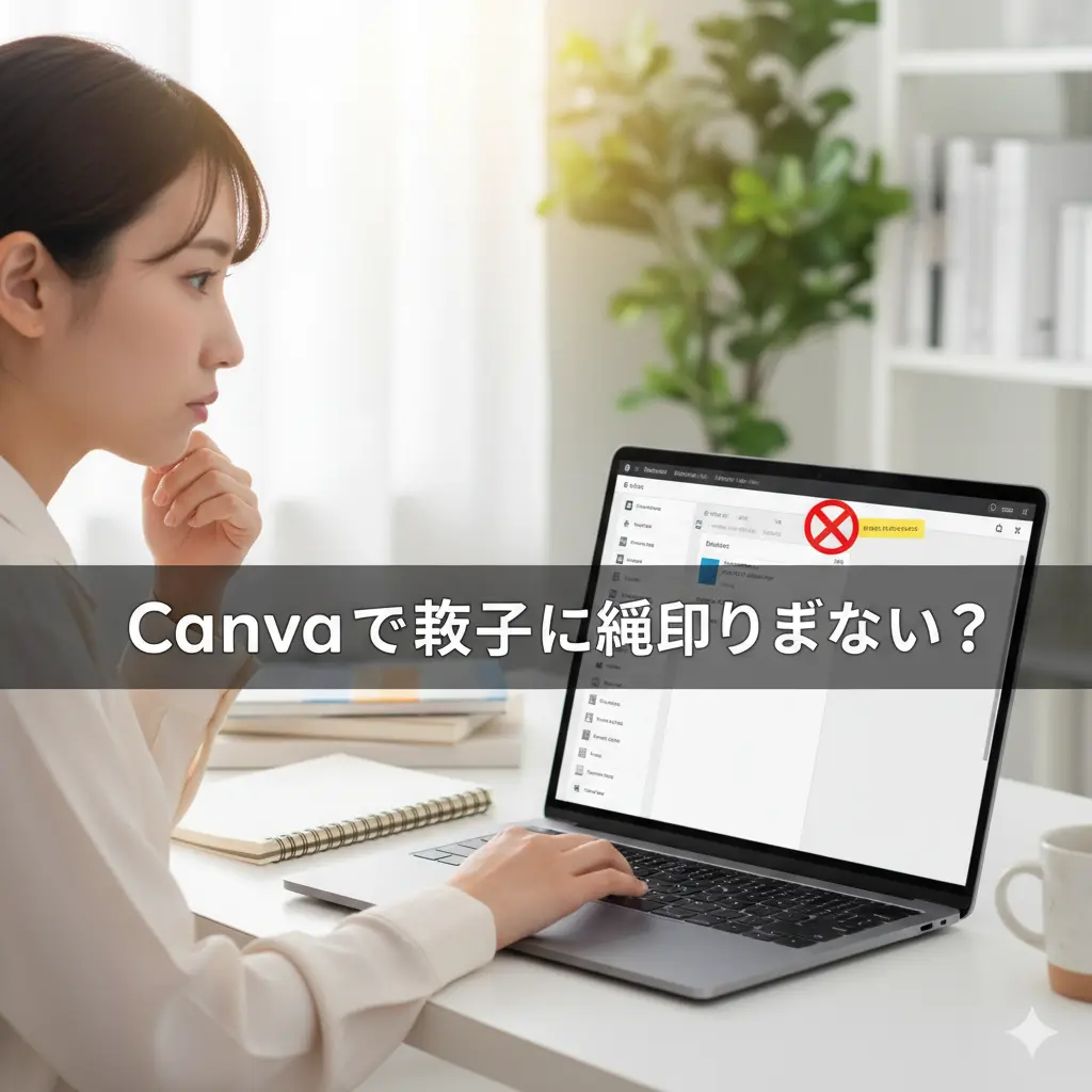 オフィスでCanvaを使用中の日本人女性が、文字の縁取りができない原因について考えている様子。パソコン画面にはCanvaのデザイン画面と、エフェクト機能が使えないことを示す表示が薄く見える。
