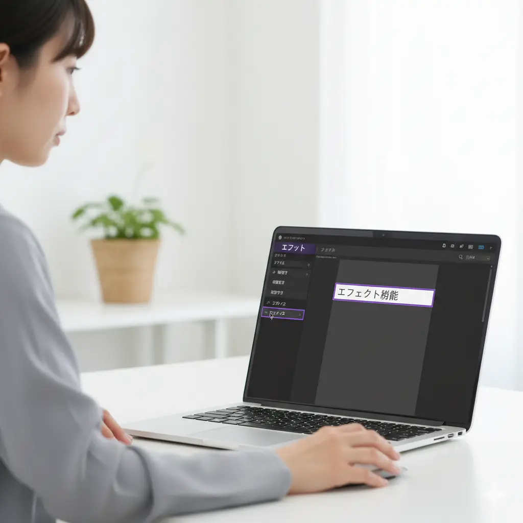 Canvaでテキストを選択し、画面左側のエフェクトパネルを開いている日本人女性のPC操作画面。エフェクト機能から縁取りを設定する基本的な手順を示唆する。