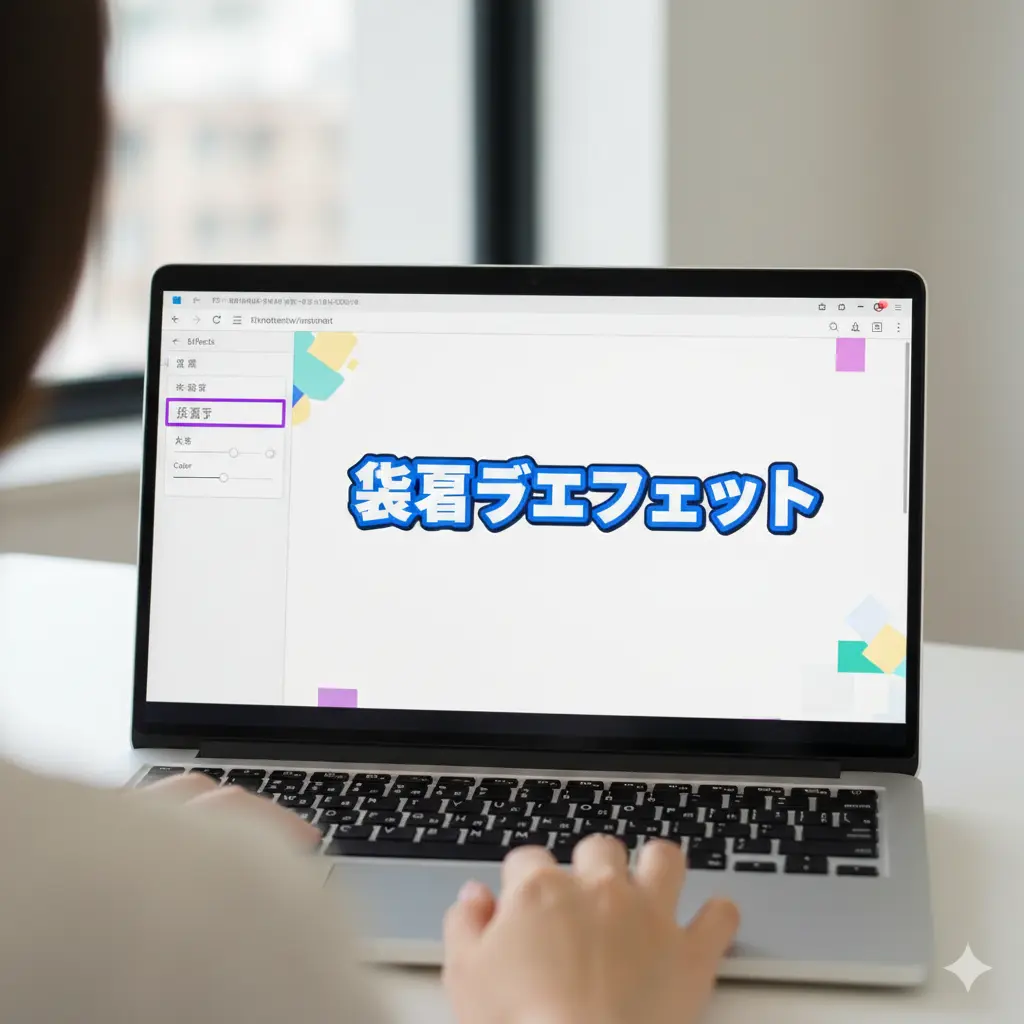 Canvaで「袋文字」エフェクトを使ってテキストに縁取りを適用している日本人女性のPC画面。左側の設定パネルで太さやカラーを調整している様子がわかる。