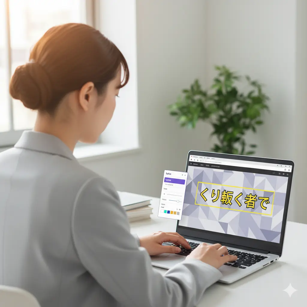 Canvaで「スプライス」機能を使って文字に中抜き効果を適用している日本人女性のPC操作。エフェクトパネルでオフセットや太さ、カラーを調整し、デザイン性の高い縁取りを作成している様子。
