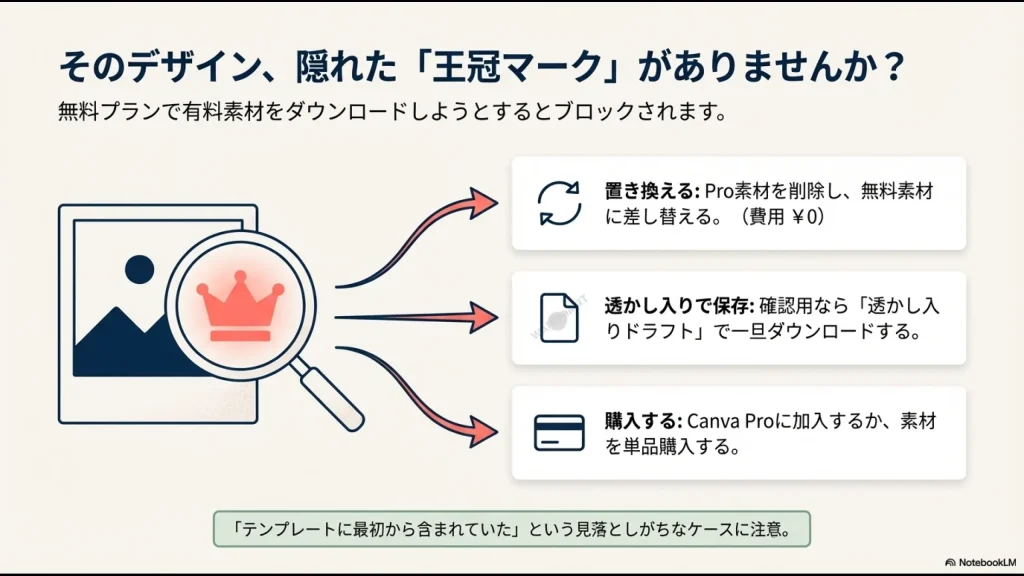 有料素材（王冠マーク）が原因で保存できない場合の対処法図解