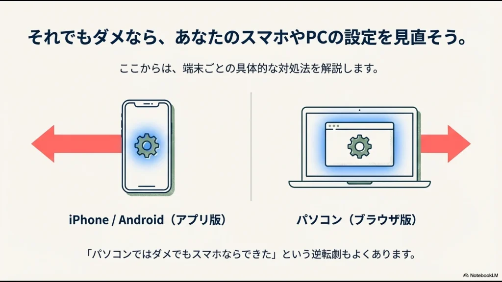 スマホアプリ版とPCブラウザ版それぞれの設定見直しポイント
