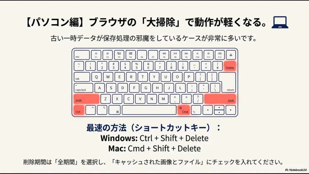 パソコンでのブラウザキャッシュ削除ショートカットキー（Windows/Mac）