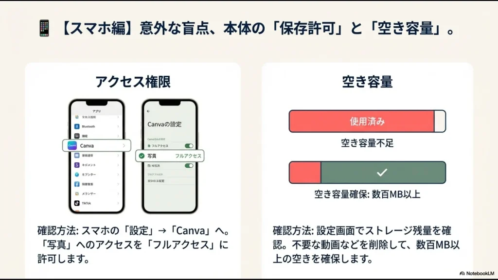 スマホのアクセス権限設定とストレージ空き容量の確認方法