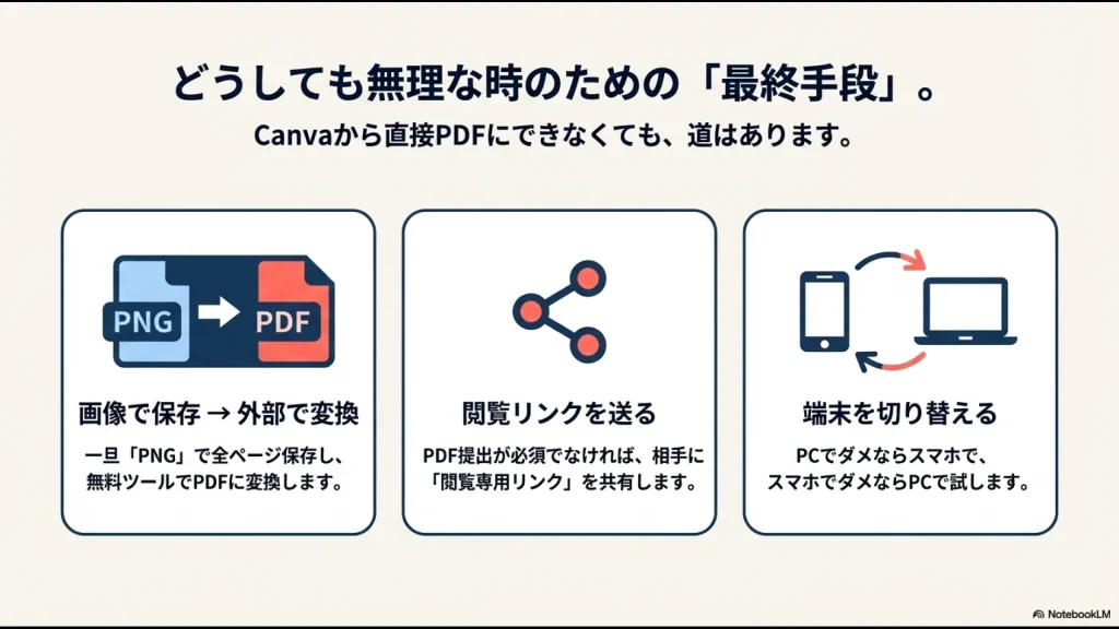 どうしても保存できない時の最終手段：画像変換、リンク共有、端末切り替え