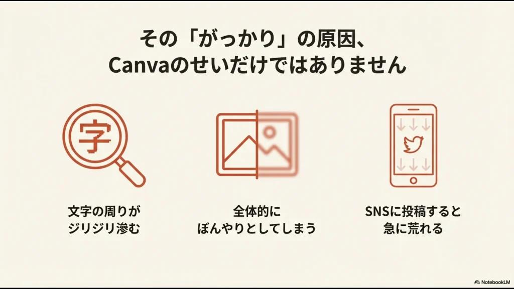 Canvaの画像が画質悪くなる主な現象を文字の滲み、全体的なぼやけ、SNS投稿時の劣化のアイコンで示す。