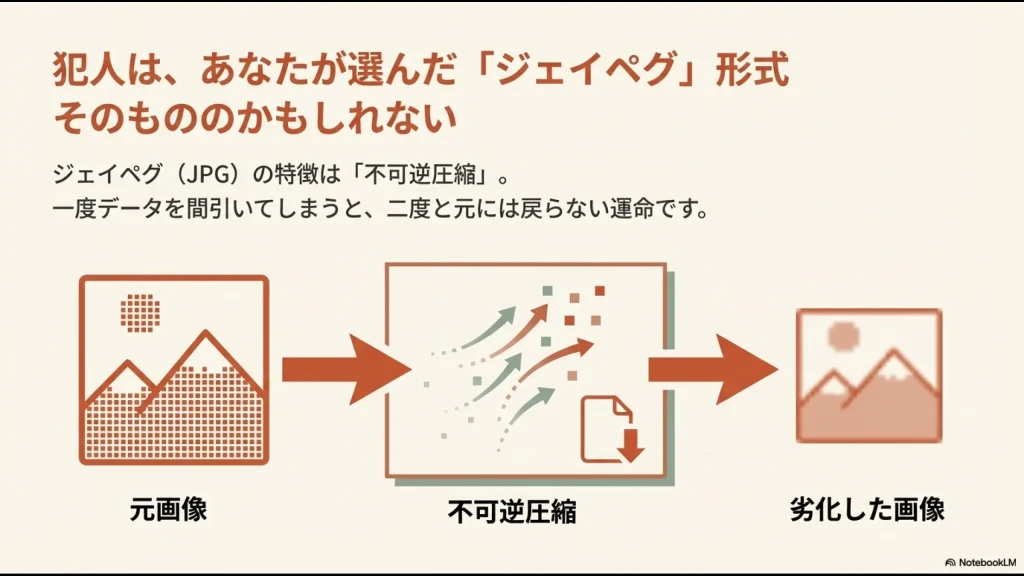 JPG形式における不可逆圧縮による画質劣化のフロー図。元画像が圧縮処理を経て劣化した画像になる様子を示す。