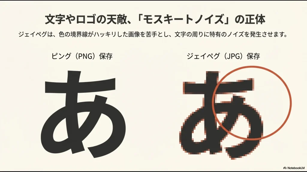 「あ」という文字のPNG保存（左）とJPG保存（右）の比較画像。JPG保存では文字の縁にモスキートノイズが発生し、画質が劣化していることが示されている。