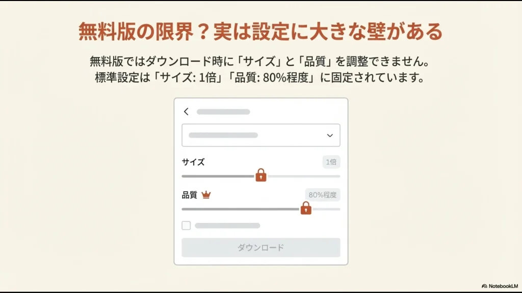Canva無料版のダウンロード設定画面で、JPGの「サイズ」と「品質」のスライダーがロックされており、調整できない状態を示している。