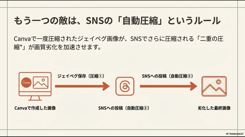 Canvaで作成した画像がジェイペグ保存で一度圧縮され、さらにSNSへの投稿で自動圧縮されて最終的に劣化した画像になる二重圧縮のフロー図。