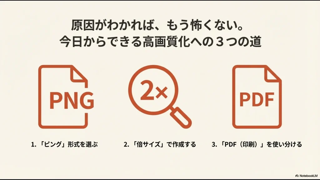 Canvaの画質を上げるための3つの解決策（PNG形式、倍サイズ作成、PDF（印刷）の使い分け）のアイコンと説明。
