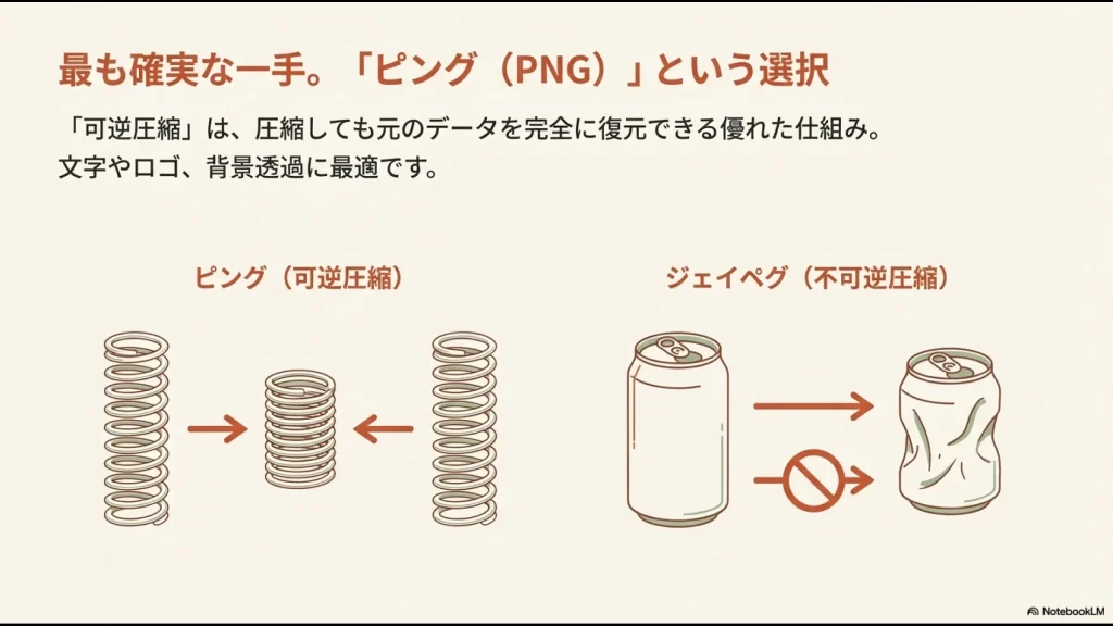 PNGの可逆圧縮をバネの圧縮・伸長で示し、JPGの不可逆圧縮を潰れた缶が元に戻らない様子で比較する図。