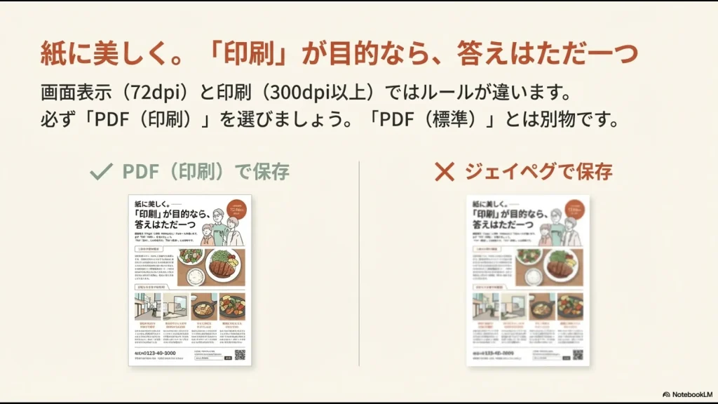 紙に印刷する際に、PDF（印刷）で保存した場合とジェイペグで保存した場合の画質を比較した図。PDFの方が文字や画像が鮮明に印刷されている。