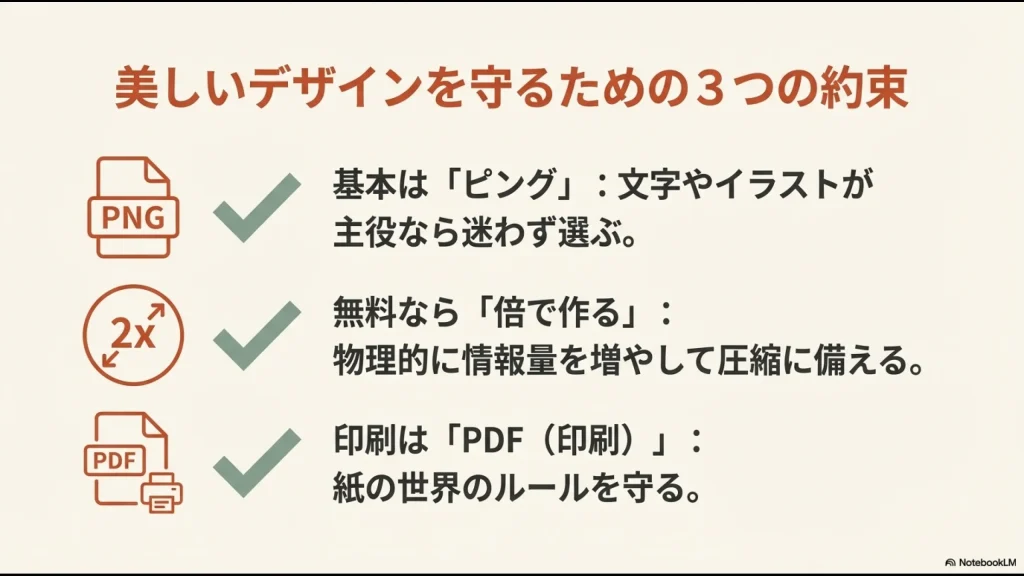 Canvaで美しいデザインを維持するための3つの約束。「基本はピング」「無料なら倍で作る」「印刷はPDF（印刷）」のポイントが示されている。