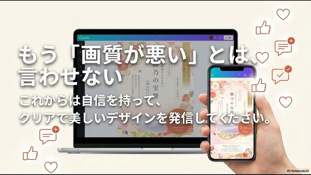 「もう「画質が悪い」とは言わせない」というメッセージと共に、PCとスマホに表示された高画質なCanvaデザインのイメージ。