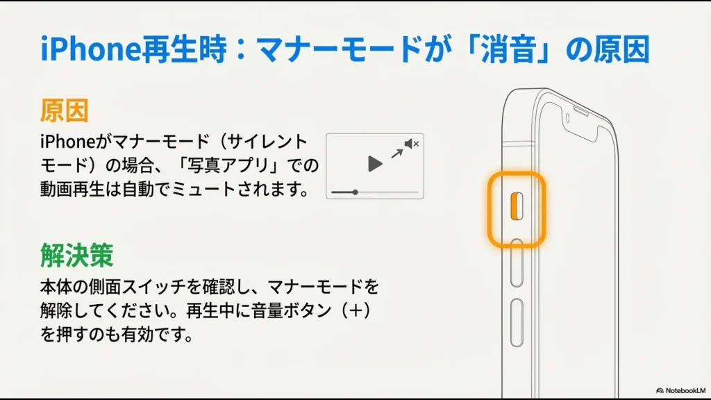 iPhoneの側面にあるサイレントスイッチ（マナーモード）の確認箇所を示した図
